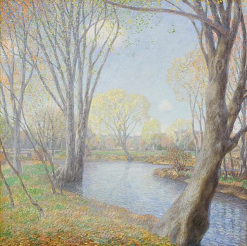 A still stream reflects the leafless trees on an early spring day in a painting by Lawrence Mazzanovich.