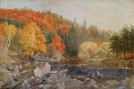 Trees with various shades of autumn glow near a creek in the painting by Aaron Shattuck.