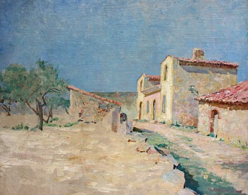 Allen Talcott painted this sun drenched image of tile roofed houses in a tiny village in Europe.