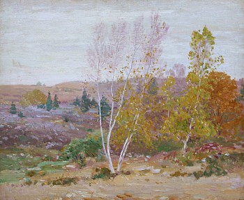 Birch saplings ini the foreground juxtapose the colorful autumn leaves in the middle ground and distance by William S. Robinson.
