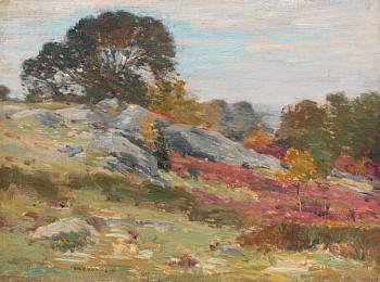 The granite outcropping on this hillside in an autumn field captures a very familiar scene in Southeastern Connecticut by William Robinson.