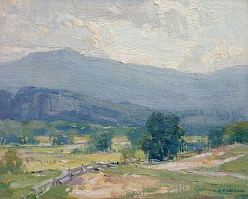 Fields, clouds and a distant mountain make up this atmospheric landscape by William Robinson.