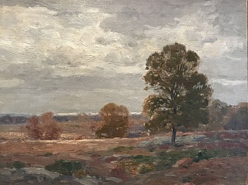 A large oak stands in the center right of this composition leading a chain of distant trees under a moody sky by William Robinson.
