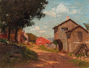 William Robinson depicts a view as if walking up a farm lane with old barns and a house on the side of the road.