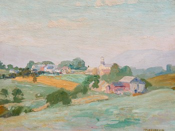 Rolling fields bordered by houses and farm buildings in a patchwork of soft colors of Vermont by William Robinson.