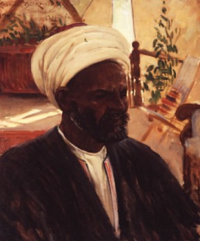 The white turban worn by the sitter juxtaposes against the darkness of his skin as he is surrounded by the diffused light from what looks like the interior of a tent.