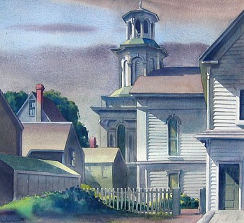 Shadows, clapboards, roofs, a pickett fence and clouds make a visual symphony in this watercolor by Sandor Bernath.