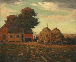 A dark foreground with a rutted road leads to a grouping of farm buildings and two large haystacks int his painting by George Brustle.