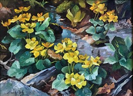 This painting is a close up of marigolds growns among rocks and shade.