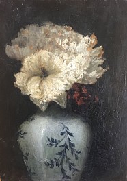 Thickly painted images of peonies are in stark light out from a dark background set in a blue and white tall vase.