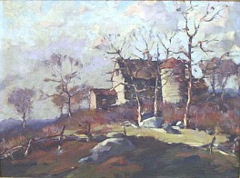 Bare autumn trees with remnants of brown leaves stand over a field of brown brush in front of a barn and silo by Gershon Camassar.