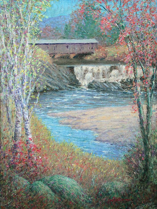 Harry L(eslie) Hoffman, Saxton's River Falls and Covered Bridge
oil on board, 24" x 18"
signed Hoffman, lower right
titled, signed and dated, 1963, verso
HH #05
$6,500