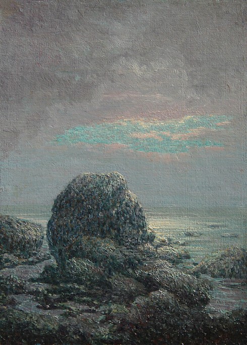 Harry L(eslie) Hoffman, Black Hall Shore
oil on board, 14" x 10"
signed, Harry and titled, dated 1907 and
inscribed "to Lou", verso
HH #08
$2,000