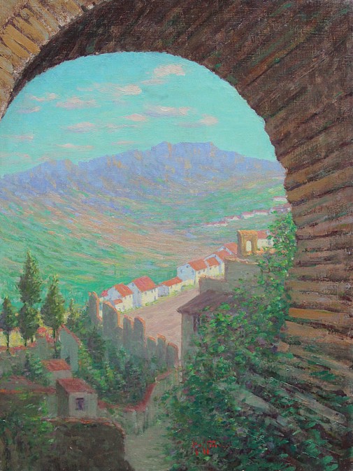 Harry L(eslie) Hoffman, Through a Roman Arch, Ronda, Spain
oil on canvas, 24" x 18"
signed, Hoffman, lower center
titled and signed on label and stretcher, verso
DHo 1216.03
$15,000