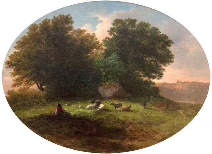 George Inness, A Shepherd and His Flock
oil on canvas, 16" x 22" in an oval format
unsigned
PT 0114.01
$15,000