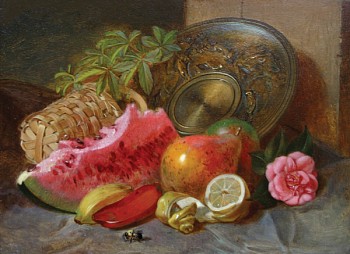 little gems: James Morgan Lewin Still Life with Fruit, Flowers and Brass Charger