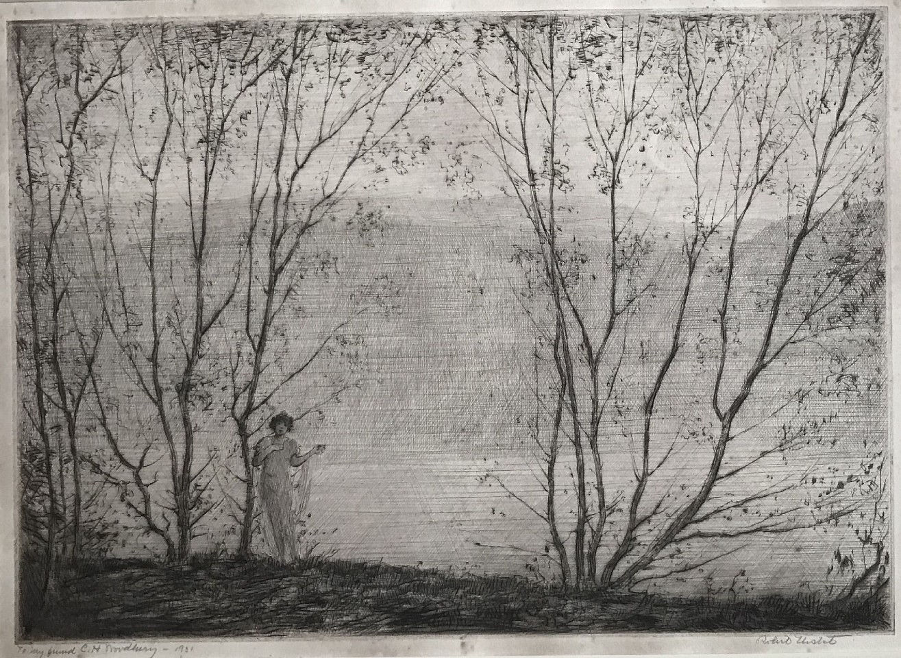 Robert Hogg Nisbet, Twilight, 1931
etching on paper, 9" x 12 1/2"
pencil signed Robert Nisbet, l.r.;inscribed to my friend C H Woodbury 1931, l.l.
JCA 6246
$1,000