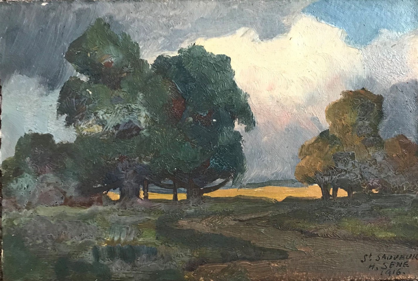 Henry Sene, St. Sauveur
oil on paper, 3 1/2" x 5 1/4"
signed H Sene and dated 1916
JWC 0119.28
$500