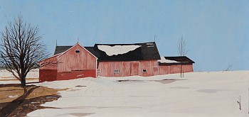 Precisely rendered faded red barns with melting snow on the roof on a ridge top against a blue sky create a typical New England scene by John Austin.