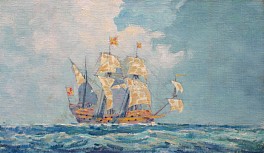 A brigantine under full sail navigates churlish seas with large looming clouds in the distance in this painting by Thomas Ball.