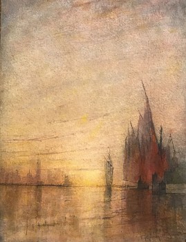 High clouds reflect the setting sun over lug sail boats by William Bunce.boats