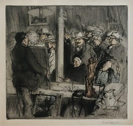 This interior scene of an auction where figures in hats and coats are crowded around the table of an auctioneer.