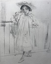 A master etcher this portrait of a child wearing a broad hat and carrying a doll by J. Alden Weir charms.