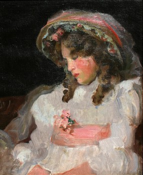 A child with brown ringlets under a flowered straw gazes softly  down and away from the viewer.