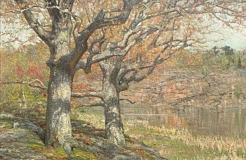 Two large oaks preside along a river bank in autumn in this oil by Allen Talcott.