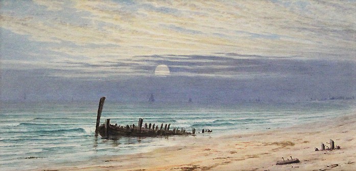 Henry Farrer, Moonrise on the Coast
watercolor on paper, 6 3/8"" x 13""
signed H. Farrer and dated 1875, lower left
JCA 5247
$9,500