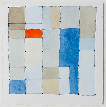 Small squares and rectangles of handmade paper in various shades of blue and gry make up a patchwork composition with a brief appearance of red amongst the cool colors.